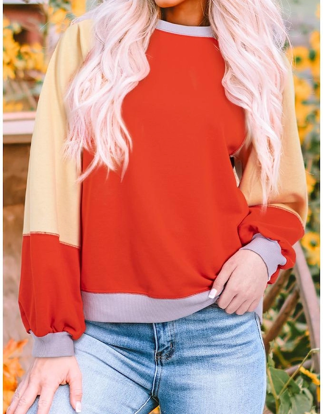 Orange Color Block Side Slits Raglan Sleeve Loose Fit Top
