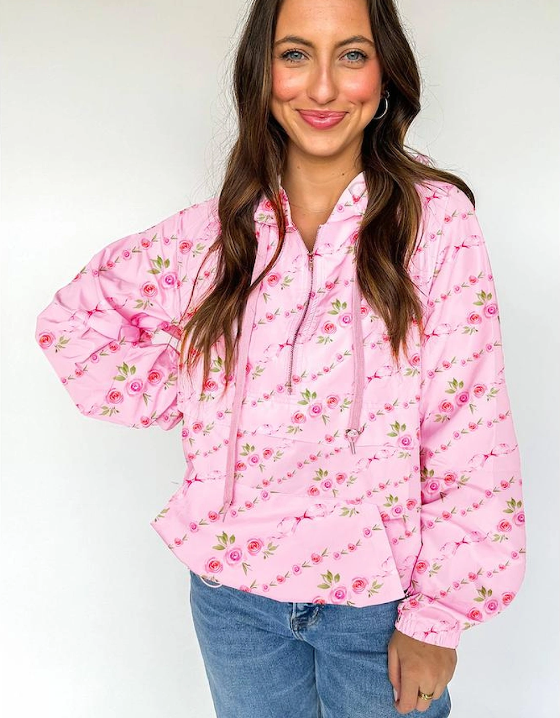 Pink Floral Print Half Zip Kangaroo Pouch Drawstring Hoodie