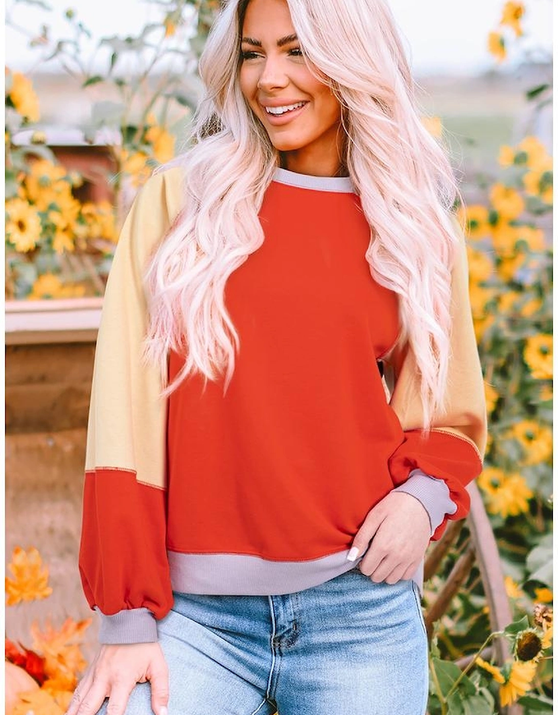 Orange Color Block Side Slits Raglan Sleeve Loose Fit Top