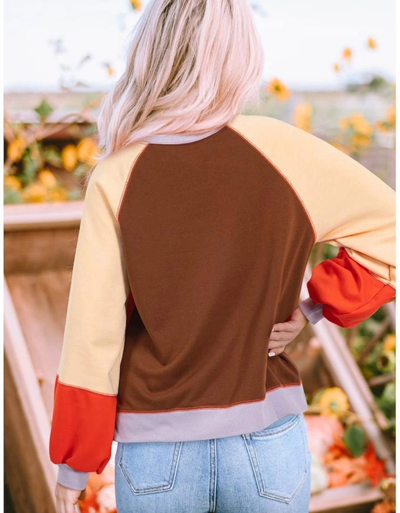 Orange Color Block Side Slits Raglan Sleeve Loose Fit Top