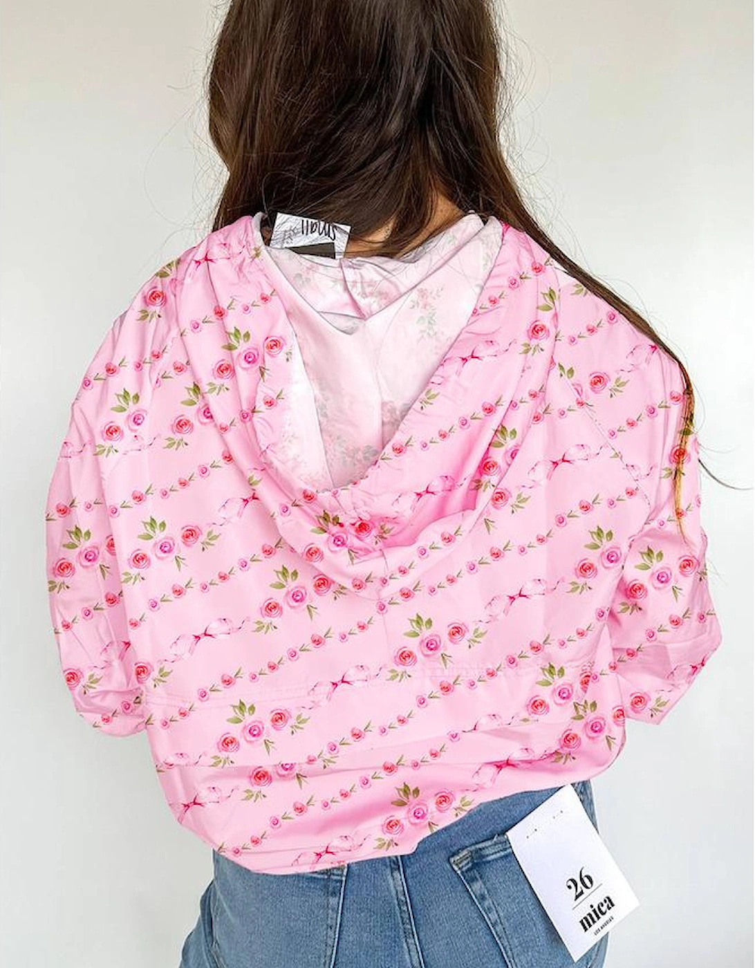 Pink Floral Print Half Zip Kangaroo Pouch Drawstring Hoodie, 4 of 3