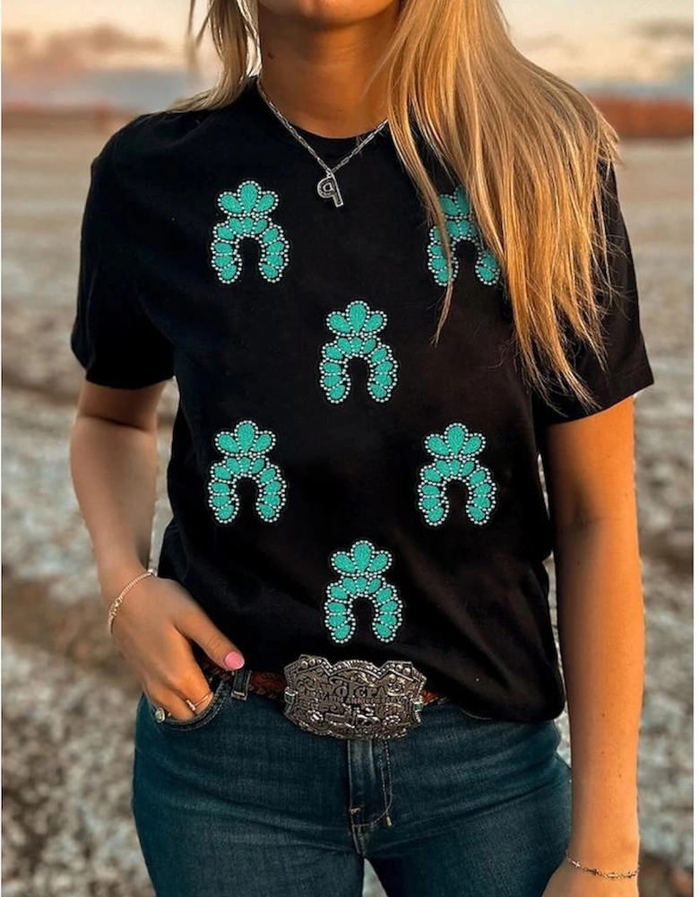 Black Western Turquoise Pattern Sequin Patched T Shirt