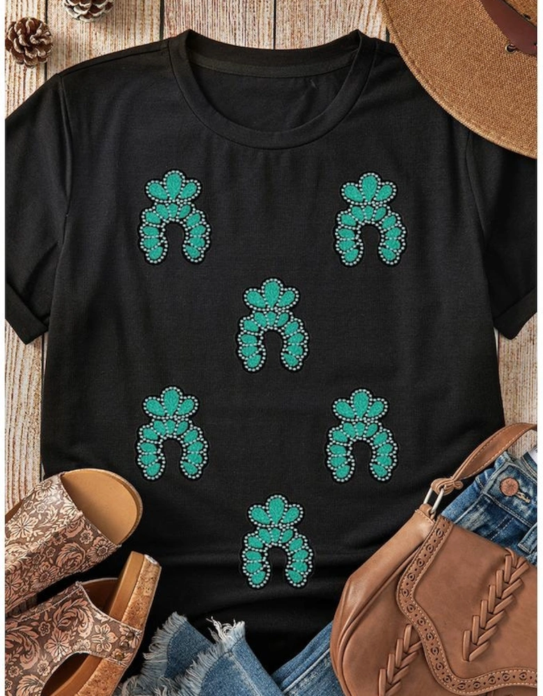 Black Western Turquoise Pattern Sequin Patched T Shirt