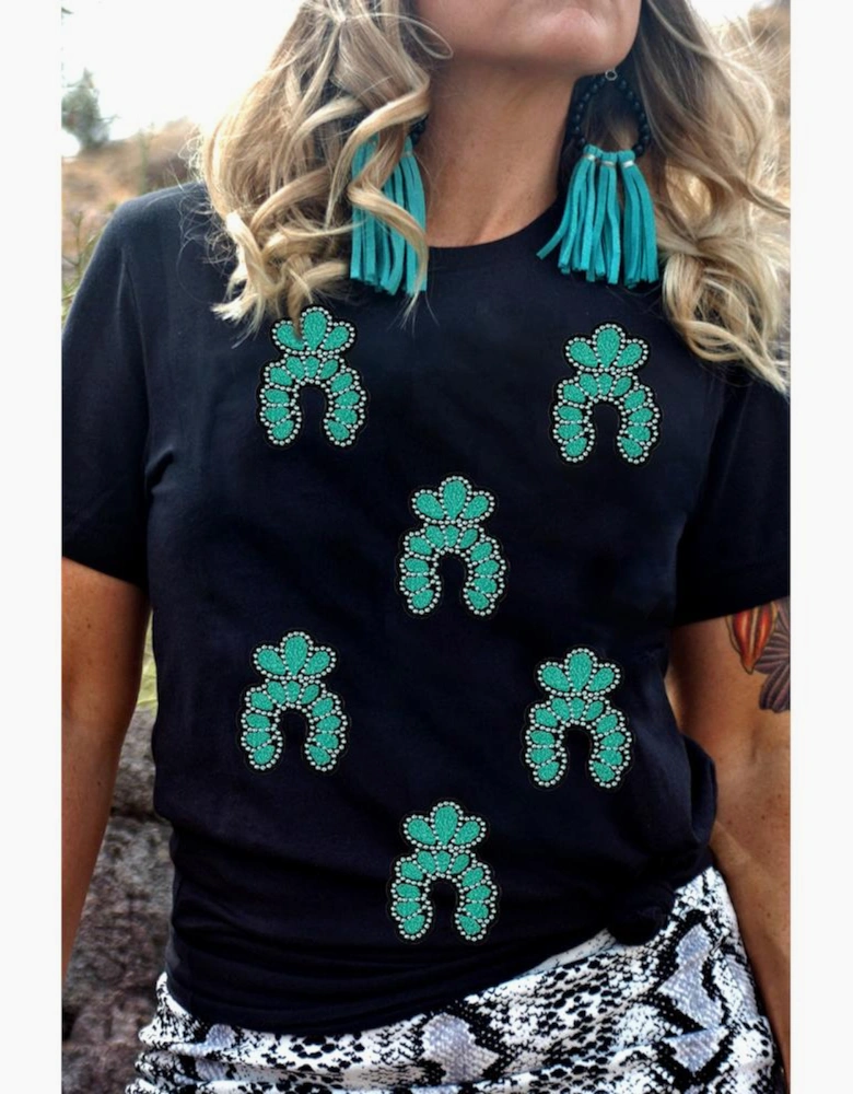 Black Western Turquoise Pattern Sequin Patched T Shirt