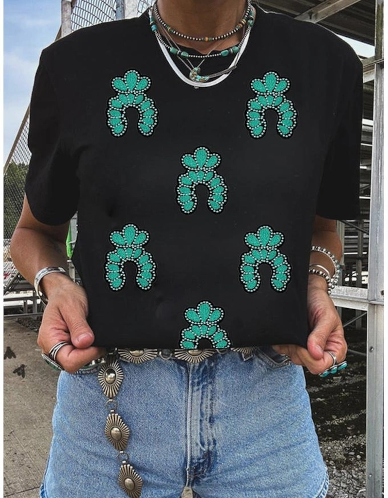 Black Western Turquoise Pattern Sequin Patched T Shirt