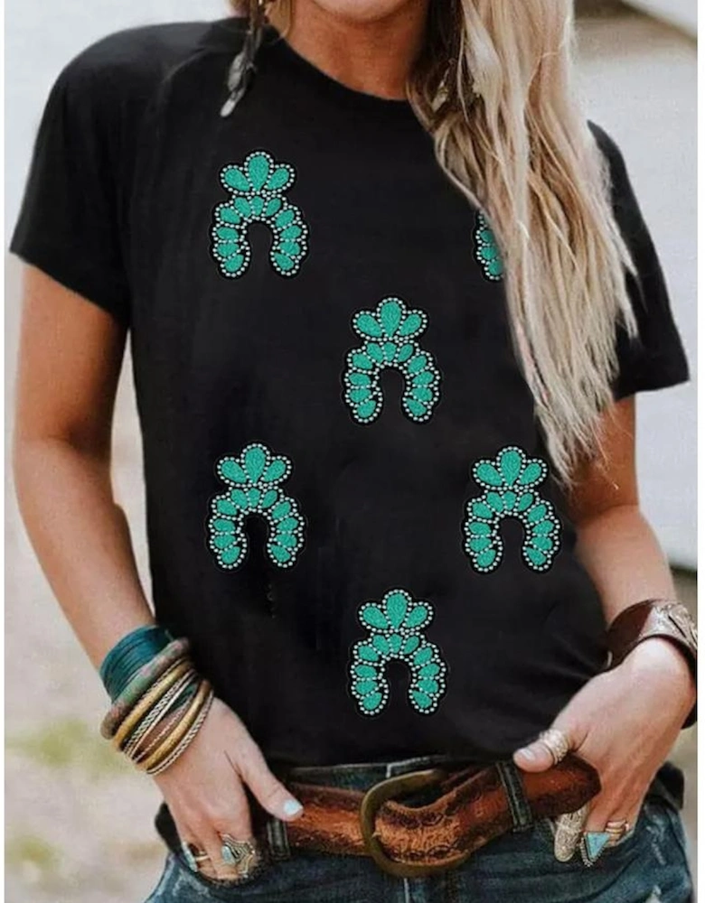 Black Western Turquoise Pattern Sequin Patched T Shirt