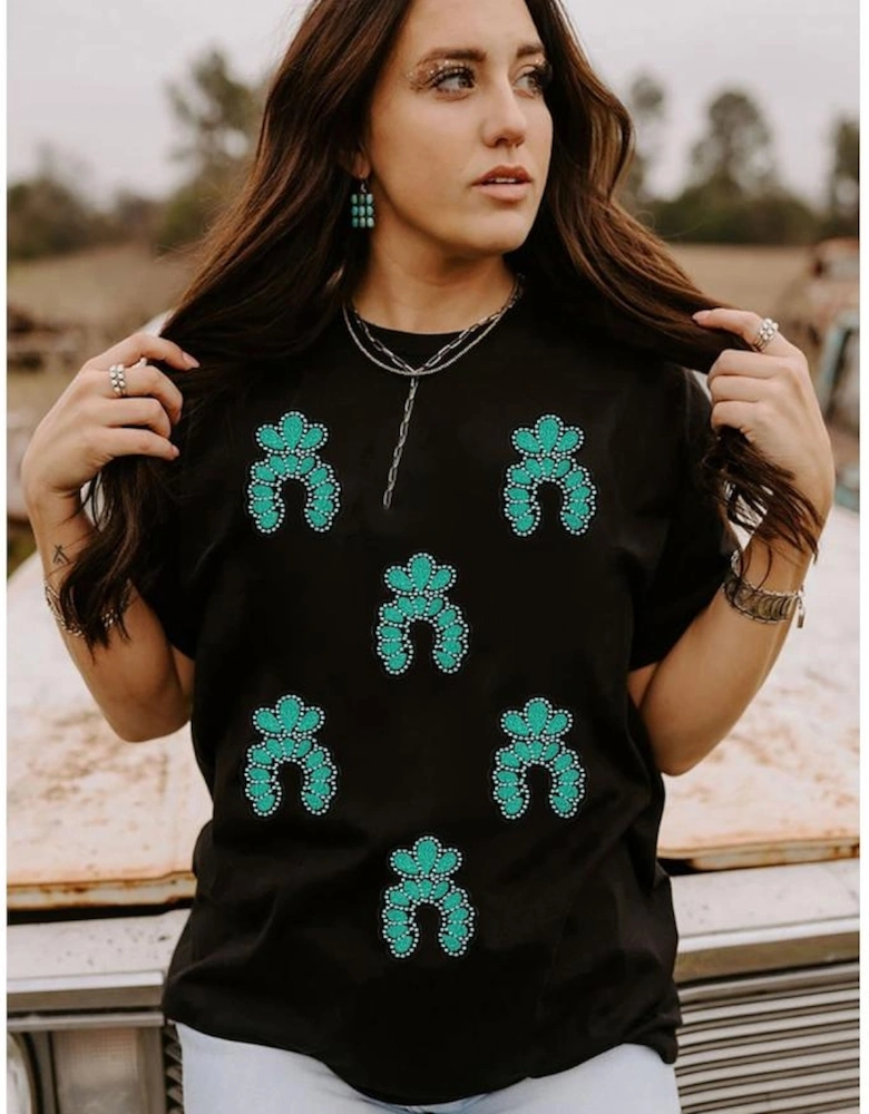 Black Western Turquoise Pattern Sequin Patched T Shirt
