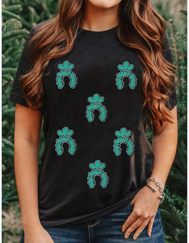 Black Western Turquoise Pattern Sequin Patched T Shirt