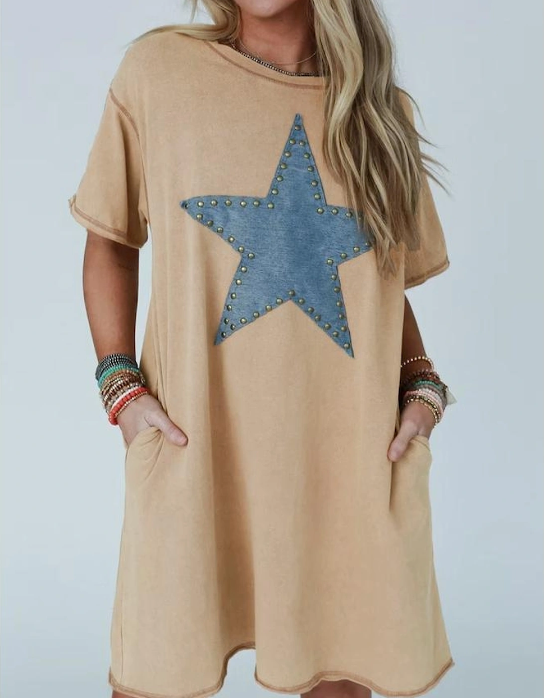 Pale Khaki Mineral Wash Stud Beaded Star Graphic Pocketed T Shirt Dress