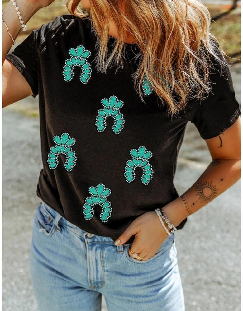 Black Western Turquoise Pattern Sequin Patched T Shirt