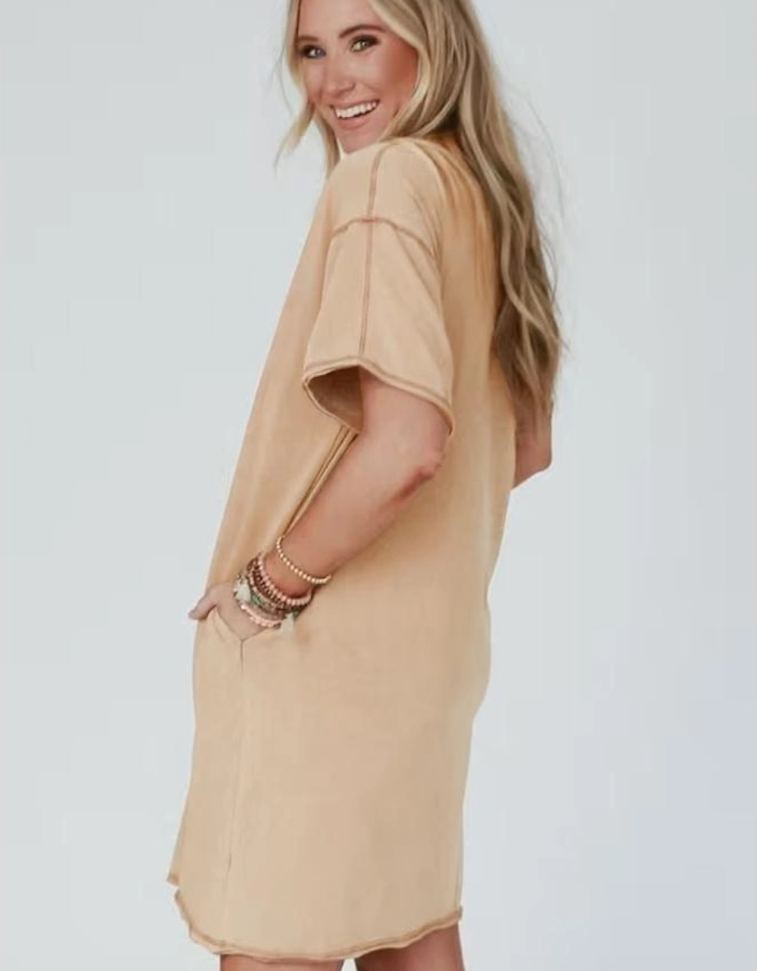 Pale Khaki Mineral Wash Stud Beaded Star Graphic Pocketed T Shirt Dress, 14 of 13