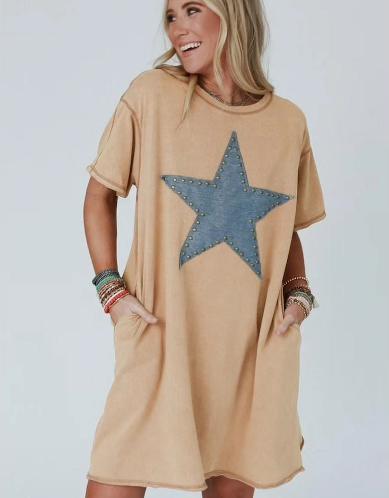 Pale Khaki Mineral Wash Stud Beaded Star Graphic Pocketed T Shirt Dress