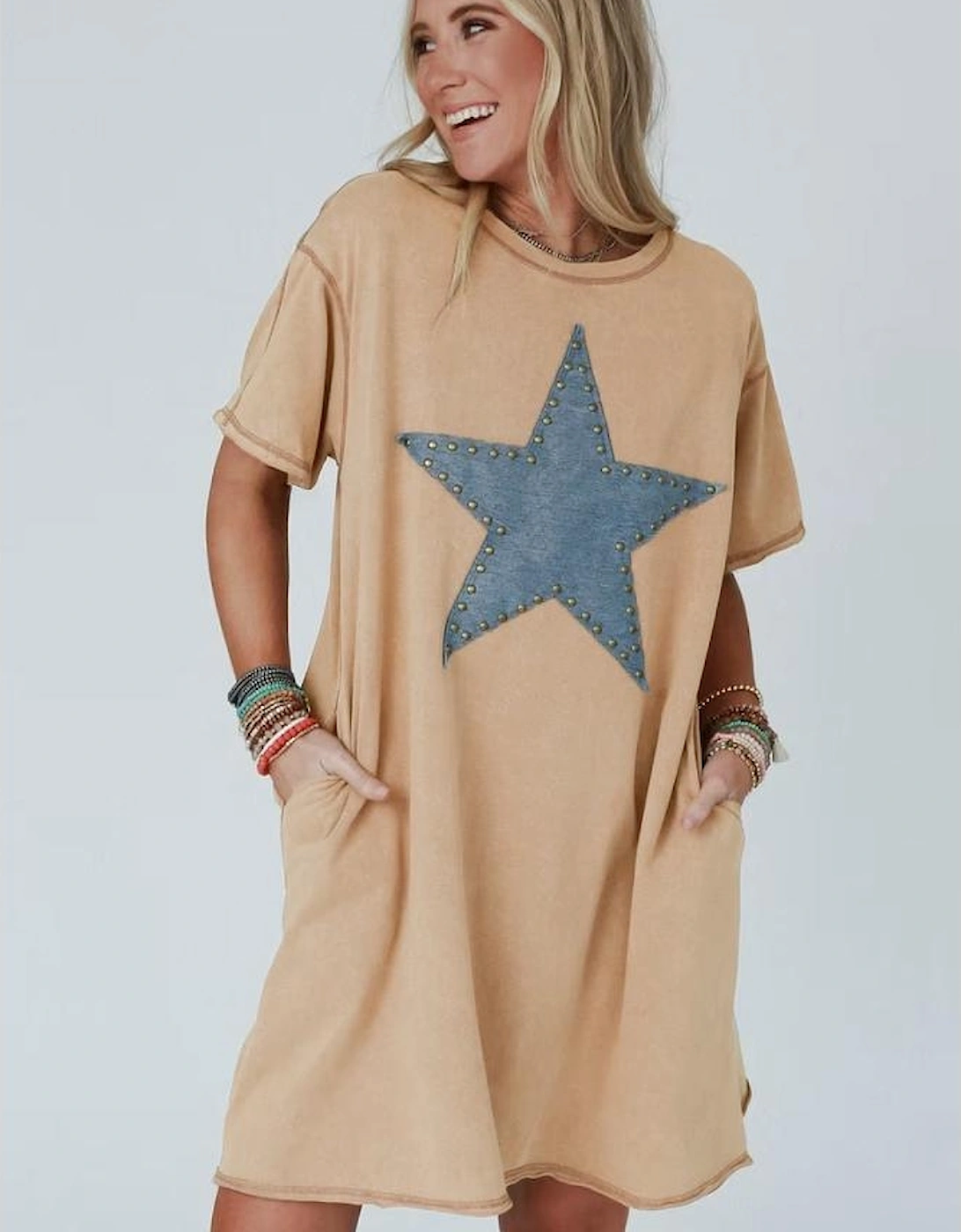 Pale Khaki Mineral Wash Stud Beaded Star Graphic Pocketed T Shirt Dress