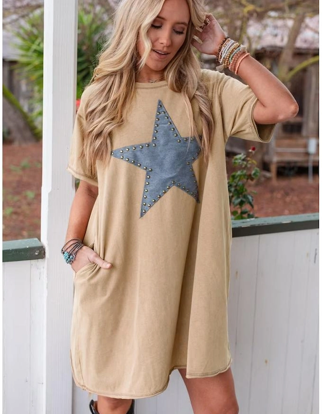 Pale Khaki Mineral Wash Stud Beaded Star Graphic Pocketed T Shirt Dress