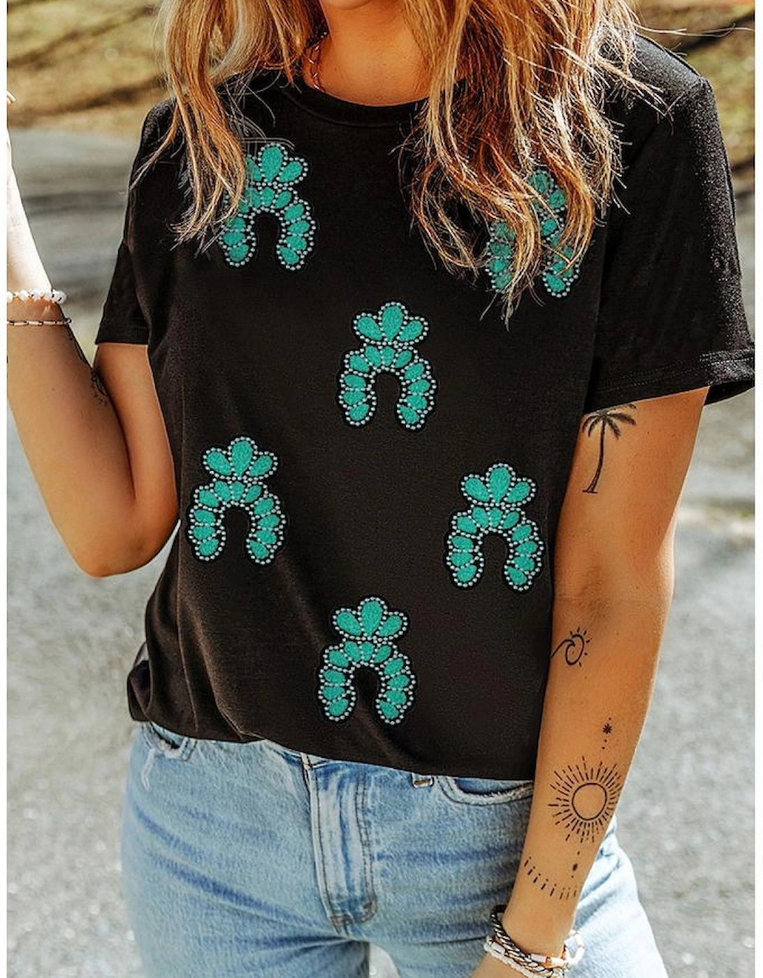 Black Western Turquoise Pattern Sequin Patched T Shirt