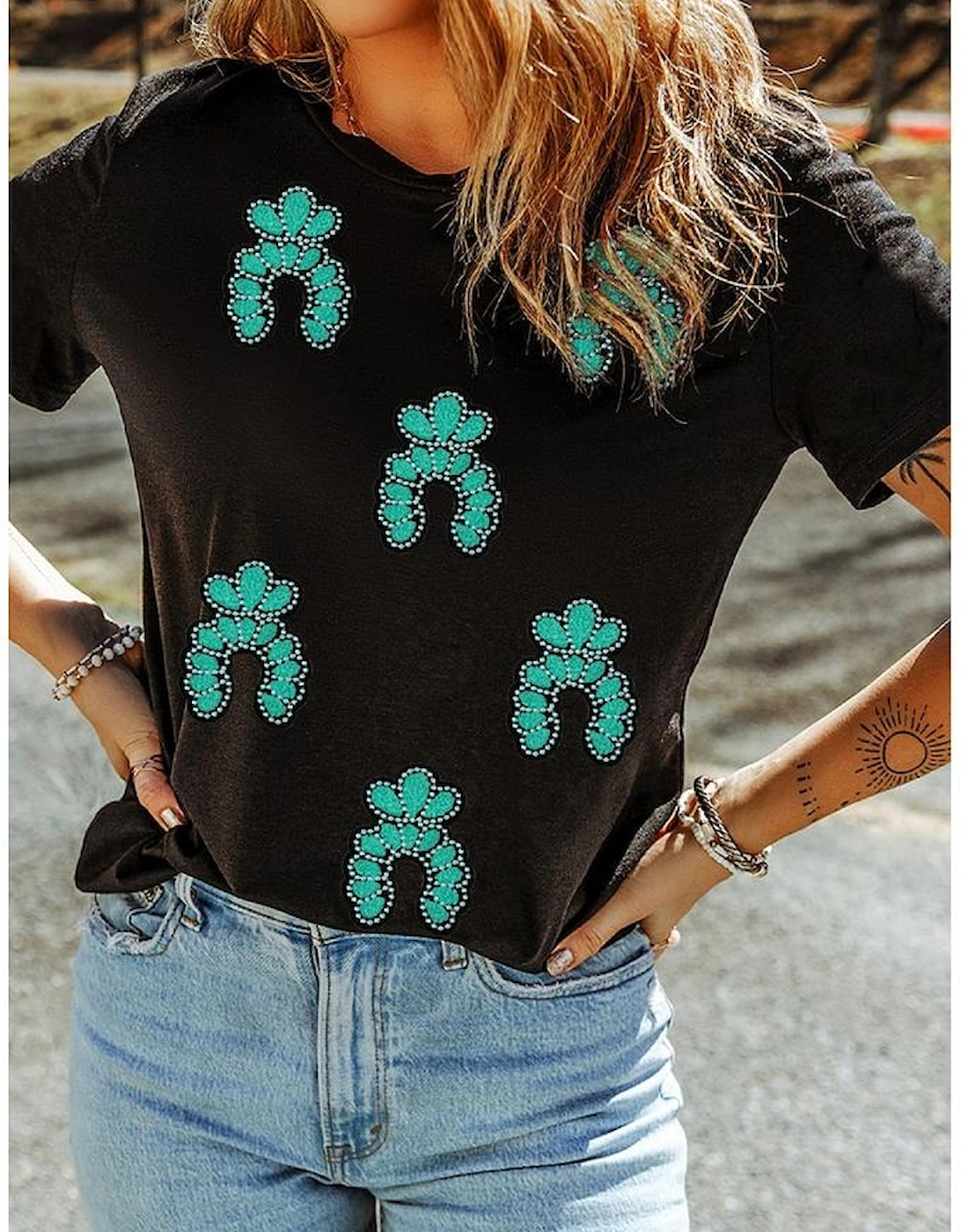 Black Western Turquoise Pattern Sequin Patched T Shirt