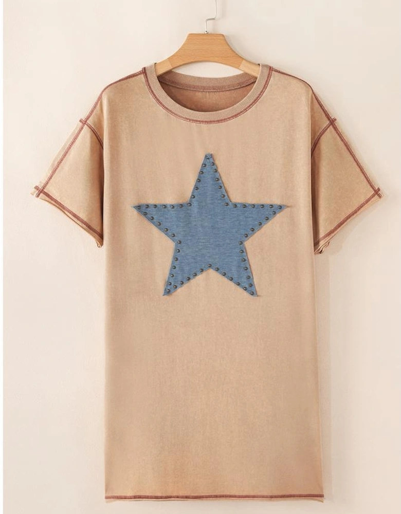 Pale Khaki Mineral Wash Stud Beaded Star Graphic Pocketed T Shirt Dress