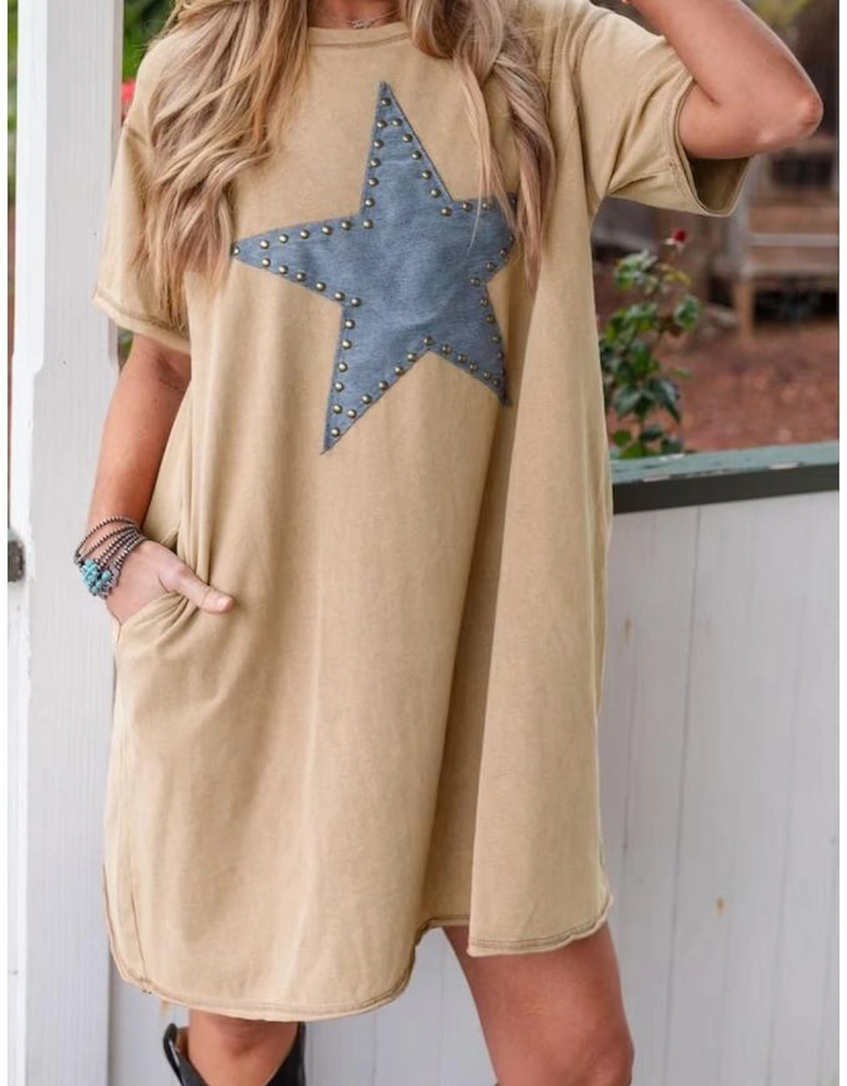 Pale Khaki Mineral Wash Stud Beaded Star Graphic Pocketed T Shirt Dress