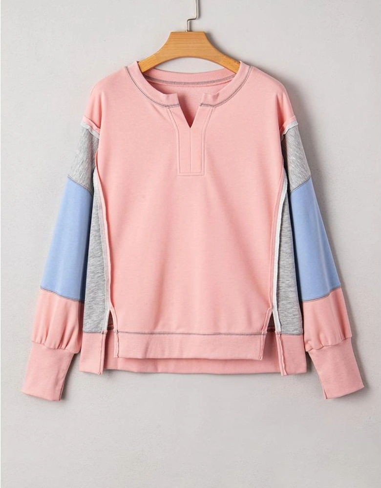 Apricot Pink Exposed Seam Color Block Patchwork Slit Cuffs Oversize Sweatshirt