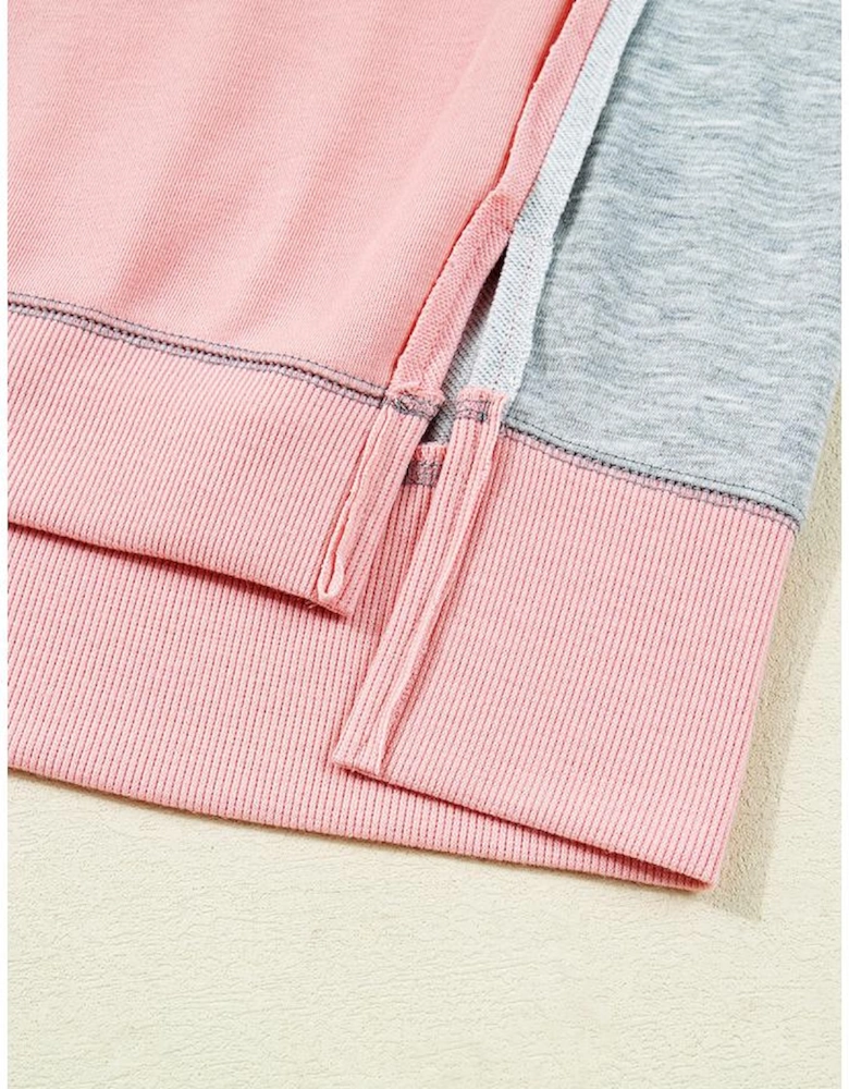 Apricot Pink Exposed Seam Color Block Patchwork Slit Cuffs Oversize Sweatshirt