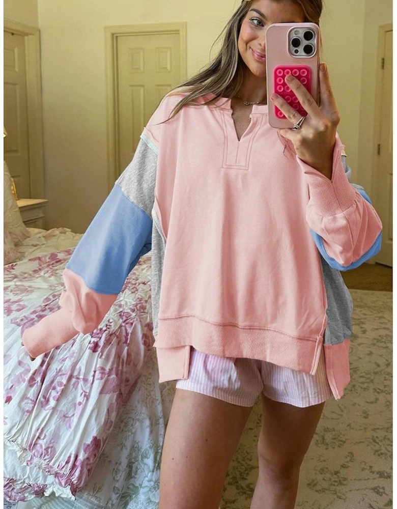 Apricot Pink Exposed Seam Color Block Patchwork Slit Cuffs Oversize Sweatshirt