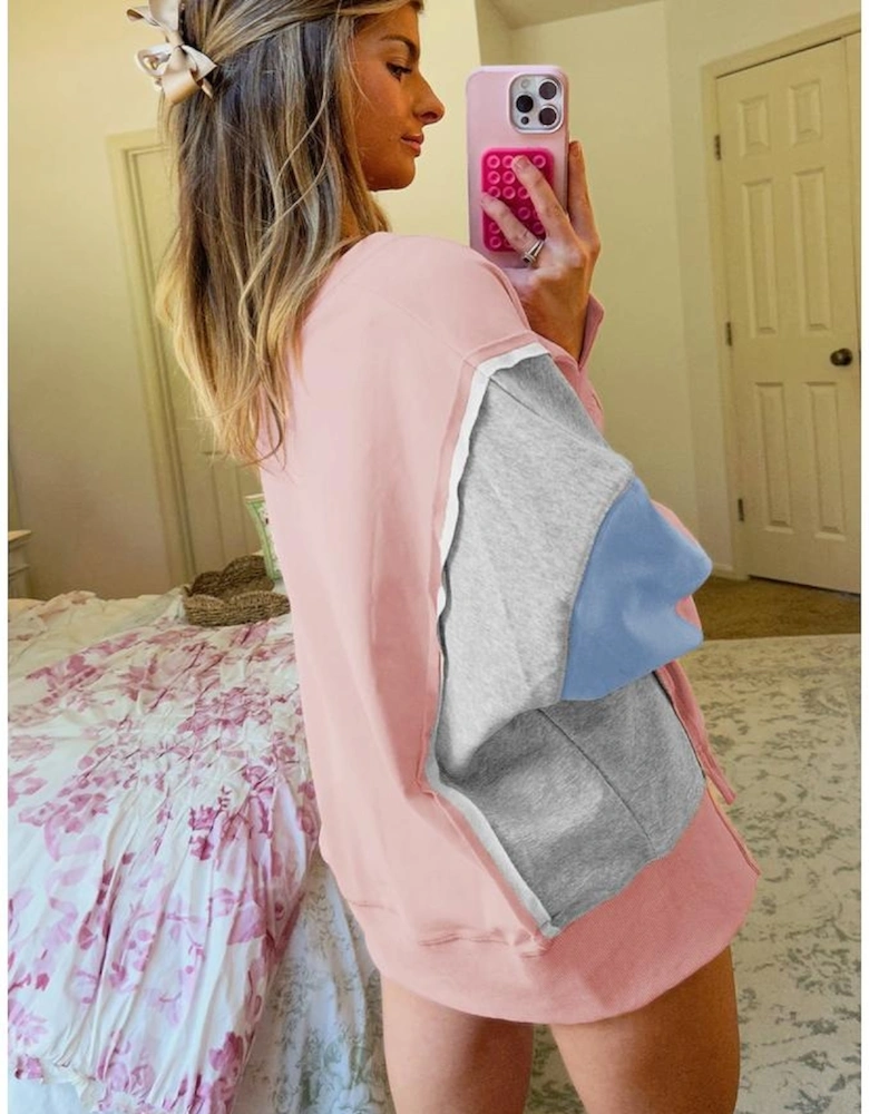 Apricot Pink Exposed Seam Color Block Patchwork Slit Cuffs Oversize Sweatshirt
