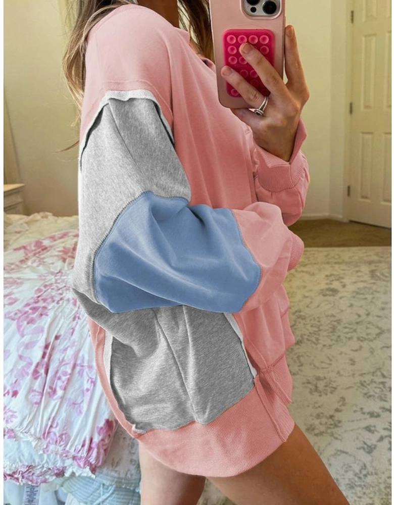 Apricot Pink Exposed Seam Color Block Patchwork Slit Cuffs Oversize Sweatshirt