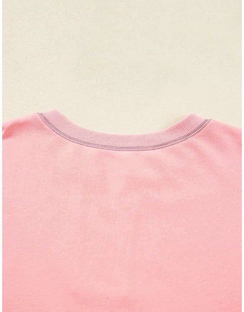 Apricot Pink Exposed Seam Color Block Patchwork Slit Cuffs Oversize Sweatshirt