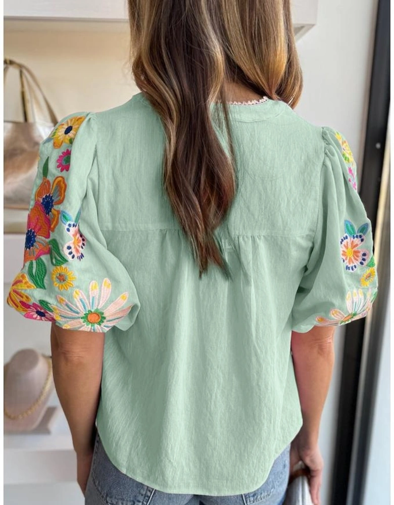 Clearly Aqua Floral Embroidered Puff Sleeve Split Neck Blouse