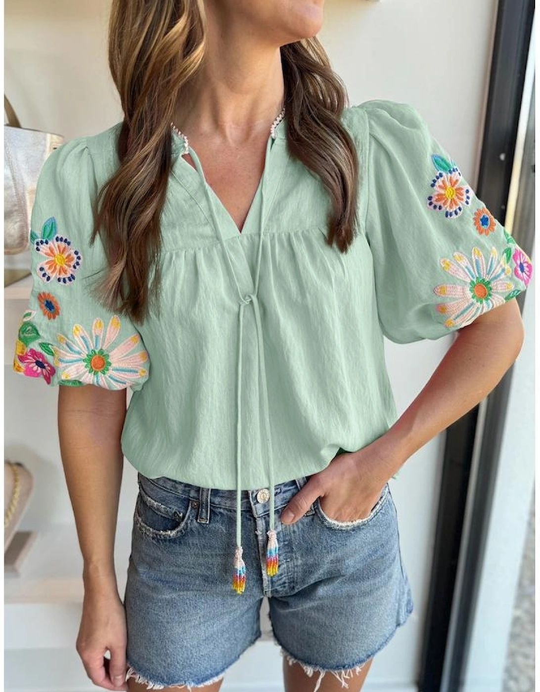 Clearly Aqua Floral Embroidered Puff Sleeve Split Neck Blouse