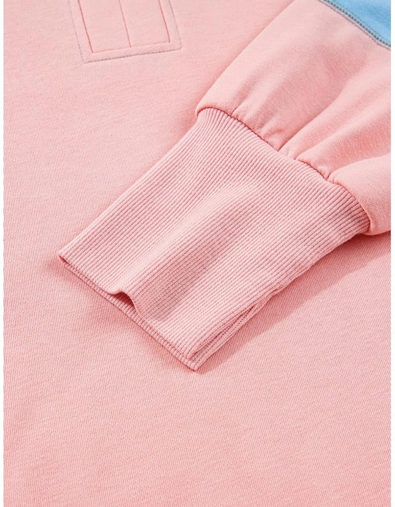 Apricot Pink Exposed Seam Color Block Patchwork Slit Cuffs Oversize Sweatshirt