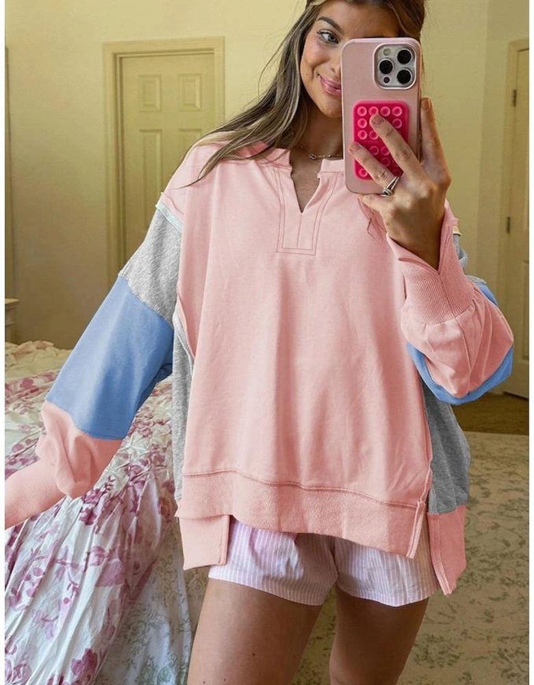 Apricot Pink Exposed Seam Color Block Patchwork Slit Cuffs Oversize Sweatshirt