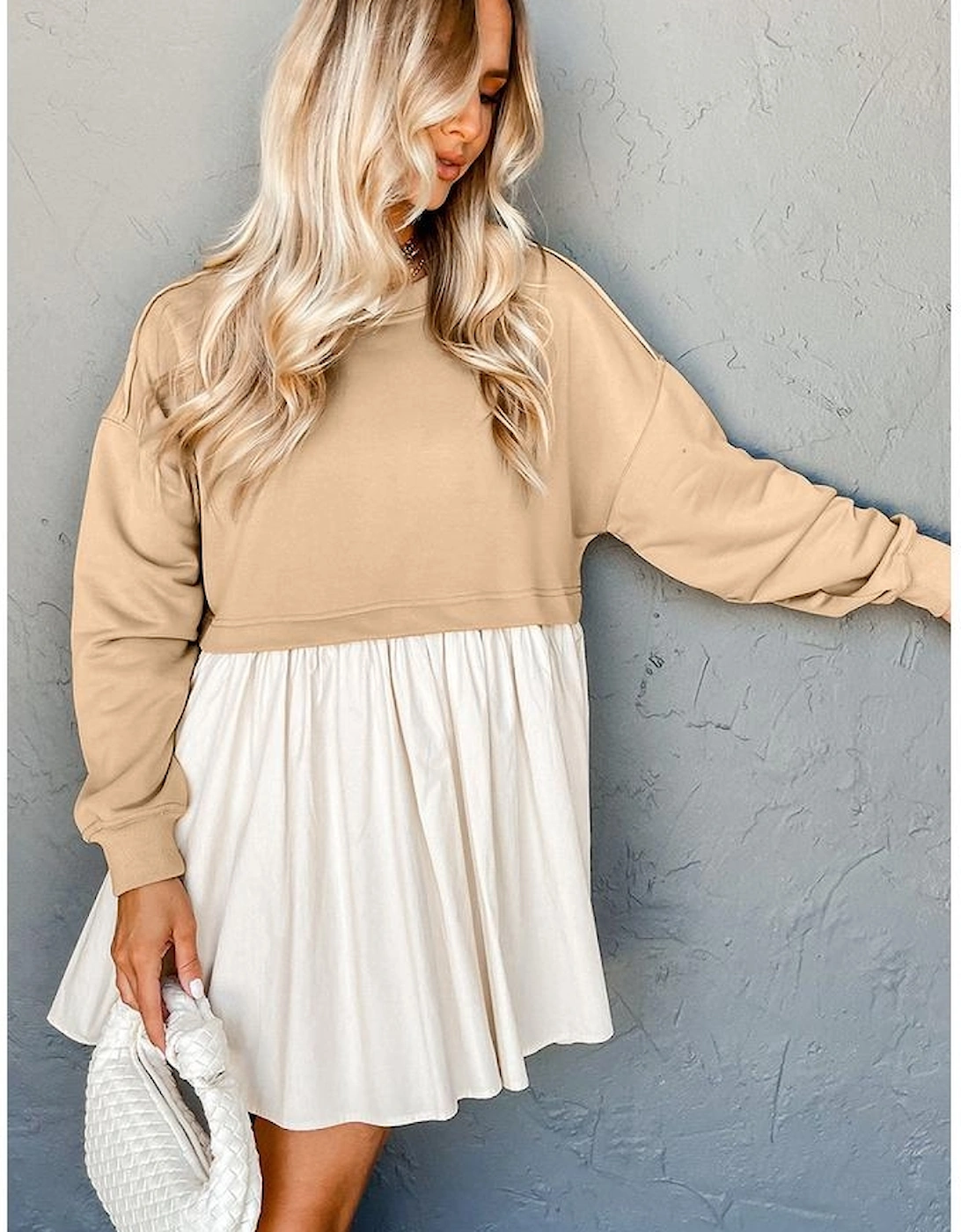 Pale Khaki Sweatshirt Poplin Mini Dress
