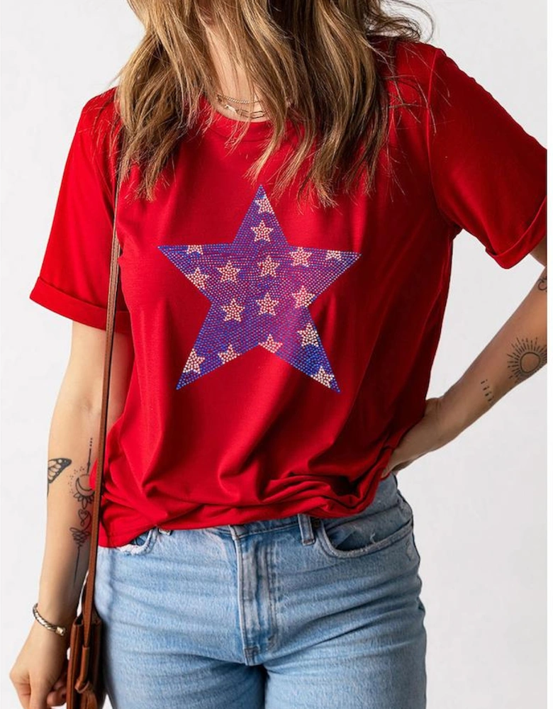 Red Rhinestone Star Pattern Independent Day T Shirt