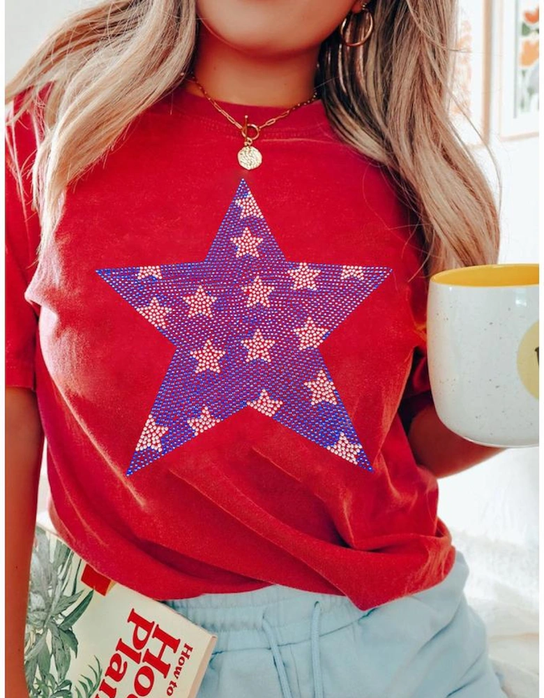 Red Rhinestone Star Pattern Independent Day T Shirt