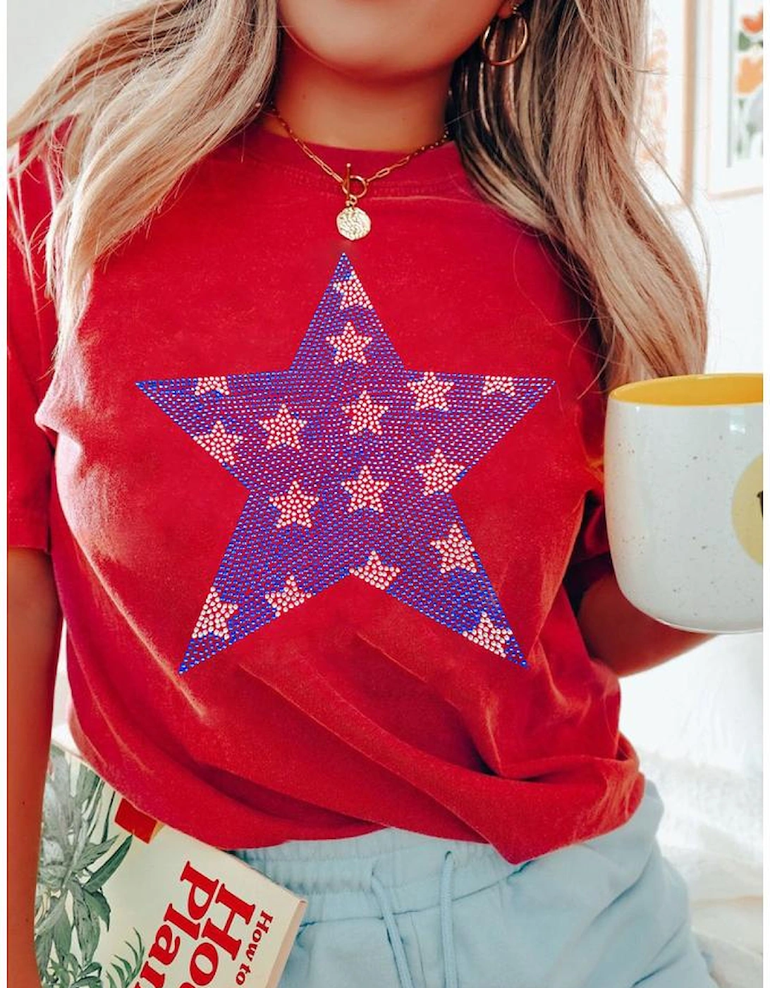 Red Rhinestone Star Pattern Independent Day T Shirt