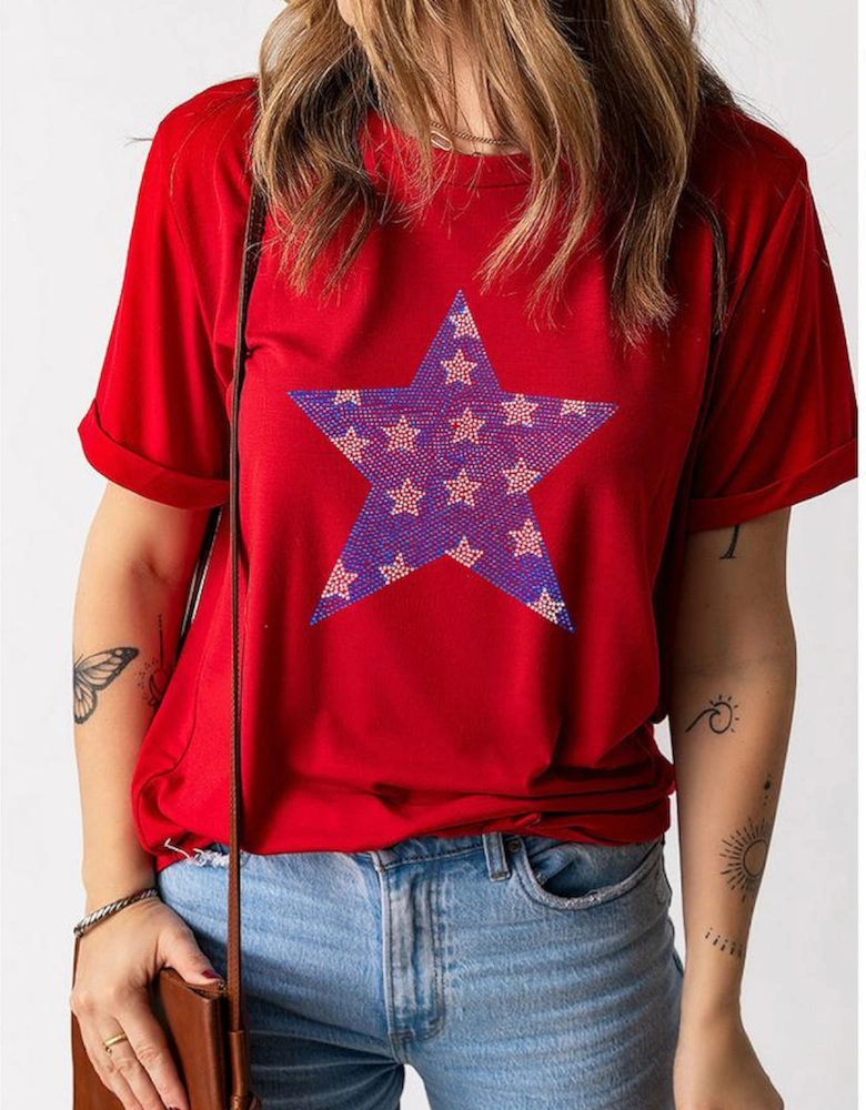 Red Rhinestone Star Pattern Independent Day T Shirt