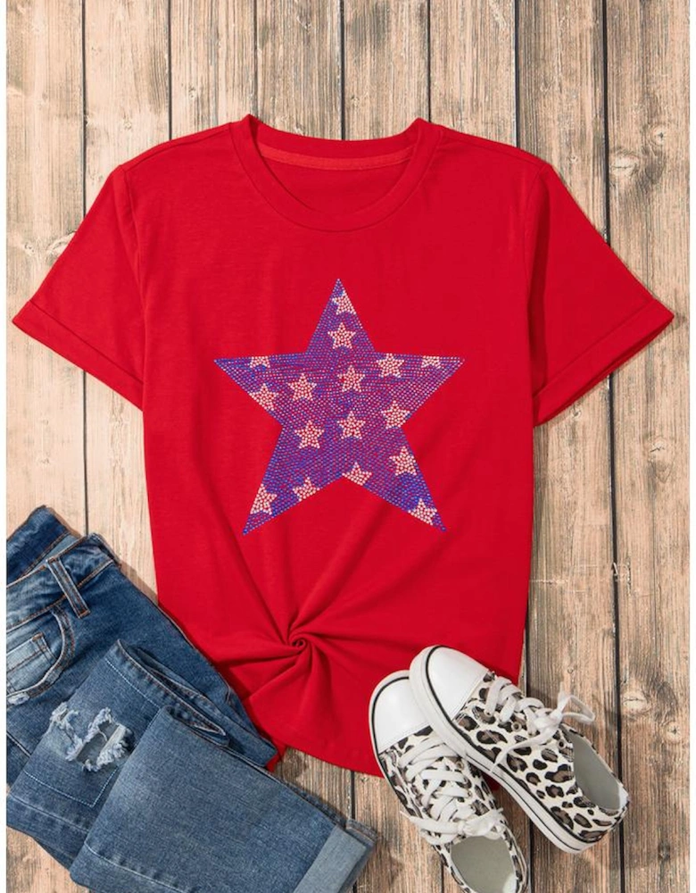 Red Rhinestone Star Pattern Independent Day T Shirt