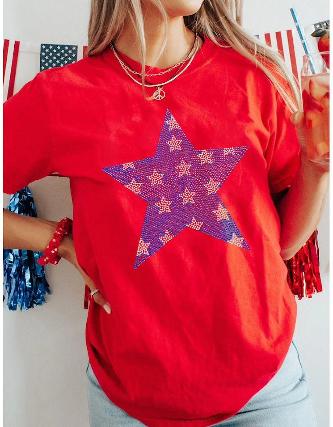 Red Rhinestone Star Pattern Independent Day T Shirt