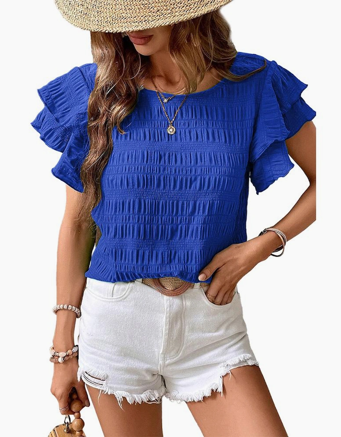 Dark Blue Textured Ruffled Sleeve Round Neck Top