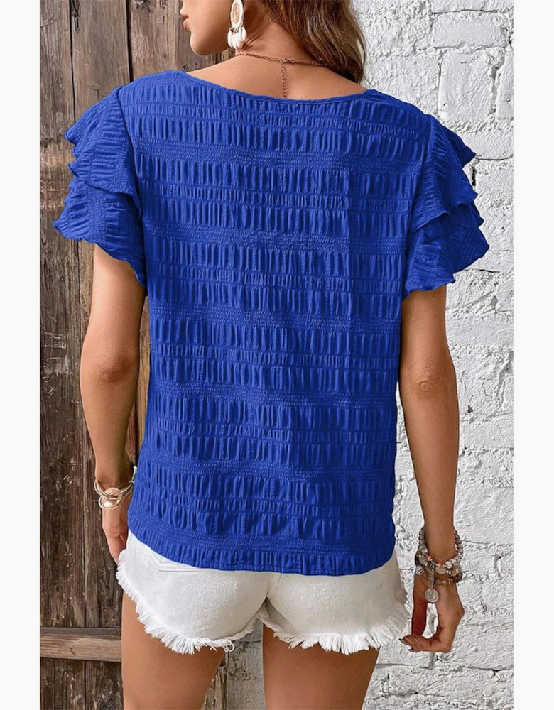 Dark Blue Textured Ruffled Sleeve Round Neck Top
