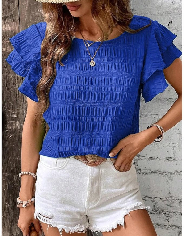 Dark Blue Textured Ruffled Sleeve Round Neck Top