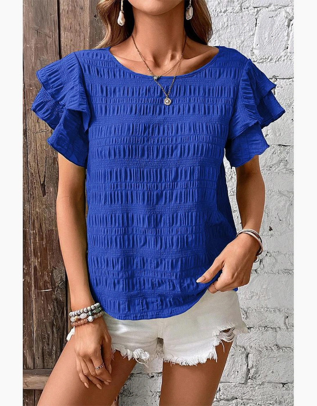 Dark Blue Textured Ruffled Sleeve Round Neck Top