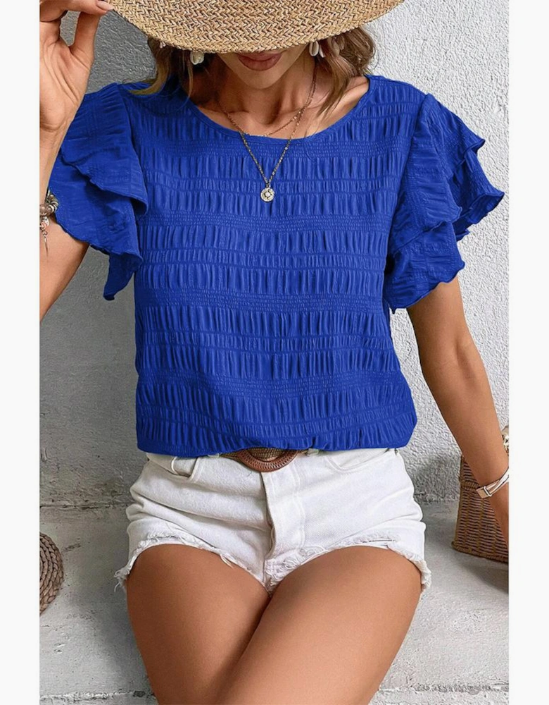 Dark Blue Textured Ruffled Sleeve Round Neck Top