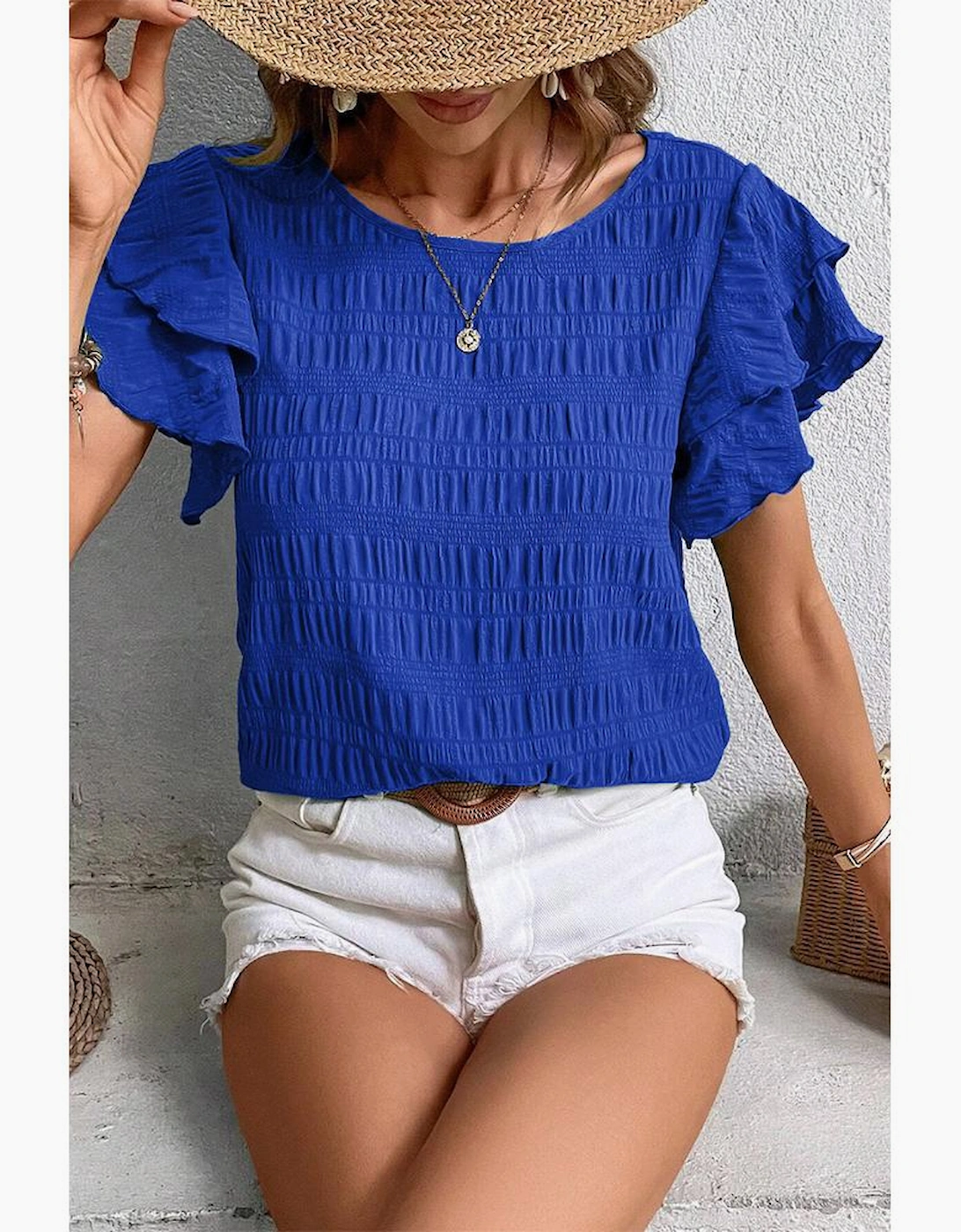 Dark Blue Textured Ruffled Sleeve Round Neck Top