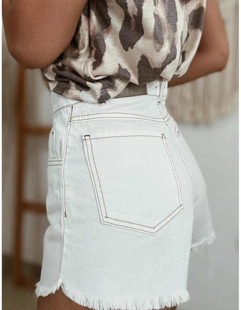 White Raw Hem High Waist Denim Shorts