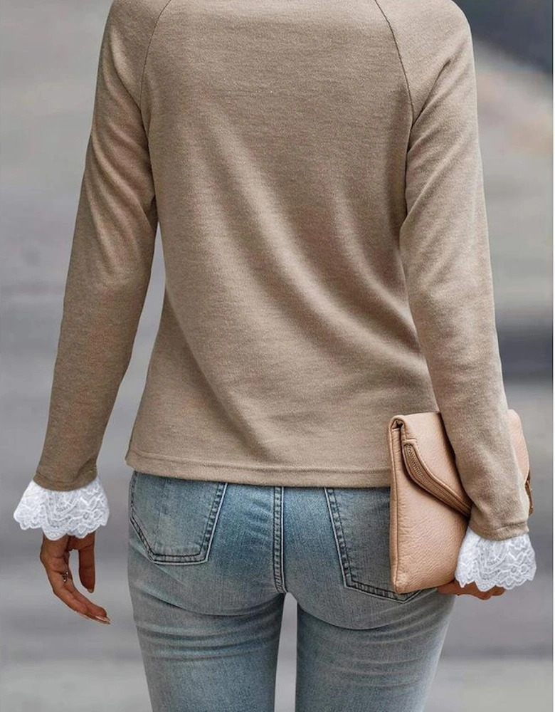 Parchment Seam Detail Lace Contrast Cuffs Raglan Sleeve Top