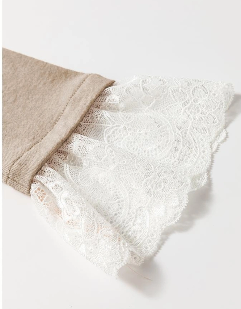 Parchment Seam Detail Lace Contrast Cuffs Raglan Sleeve Top