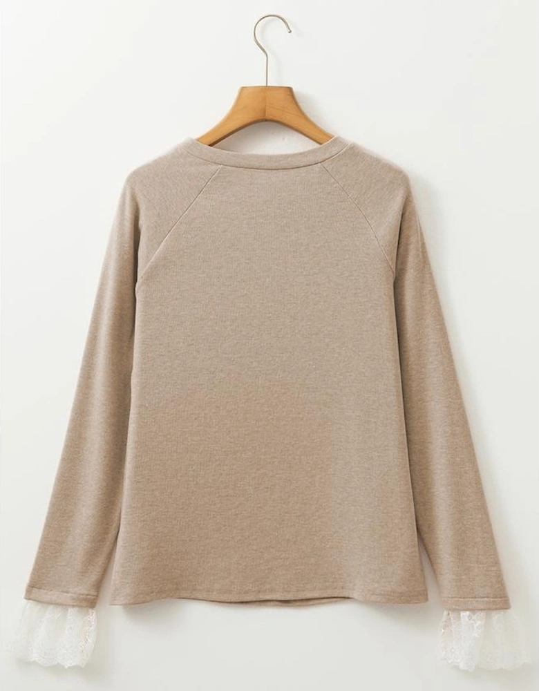 Parchment Seam Detail Lace Contrast Cuffs Raglan Sleeve Top