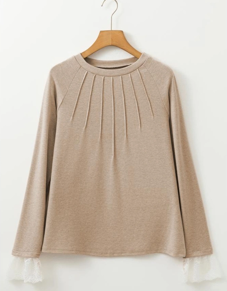Parchment Seam Detail Lace Contrast Cuffs Raglan Sleeve Top